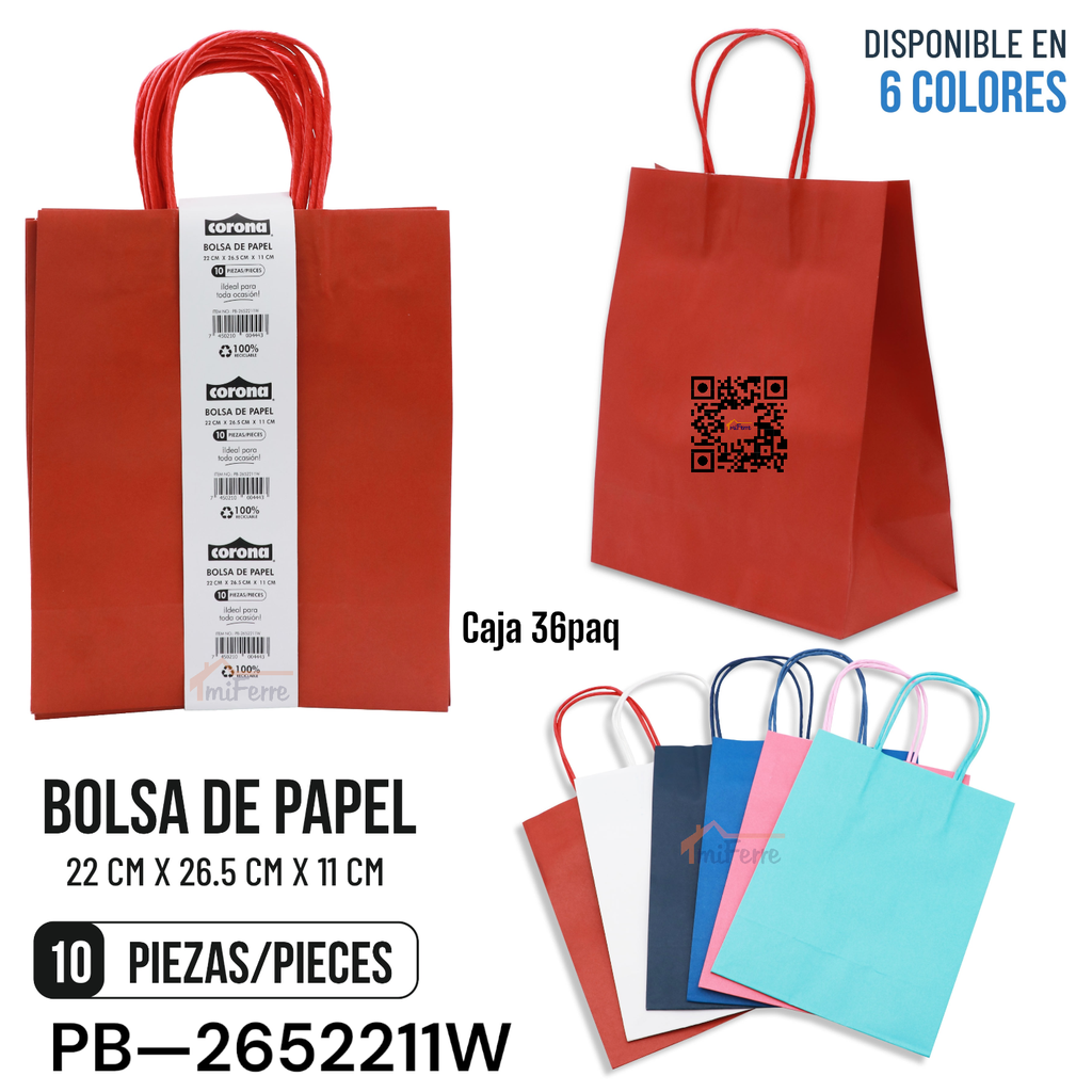 Bolsa de Papel 22 X 26.5 X 11cm 10pza CORONA