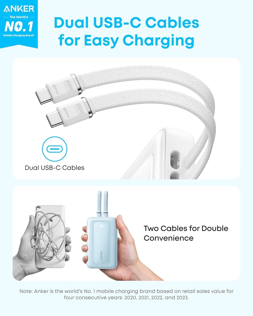 ANKER Zolo Power Bank 10,000mAh 35W Fast Charging with Dual Built-in Cables