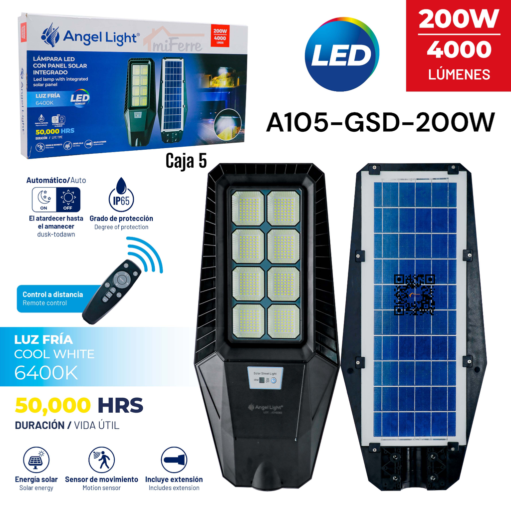 Lampara Led con Panel Solar Integrado 200W 6400K ANGEL LIGHT