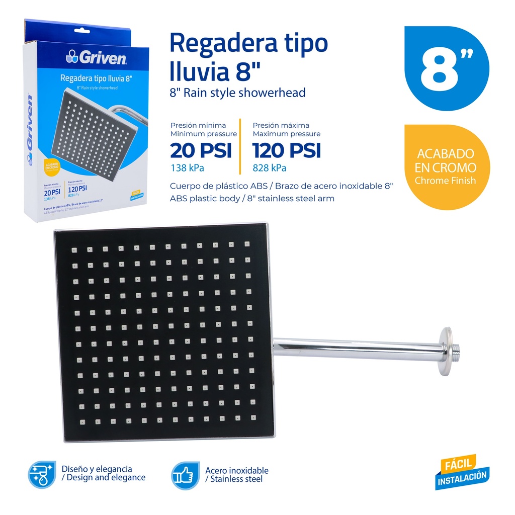 Regadera Tipo Lluvia 8" GRIVEN