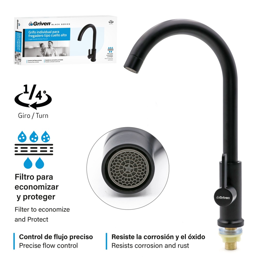 Grifo Individual para Fregadero Tipo Cuello Alto GRIVEN Black Series