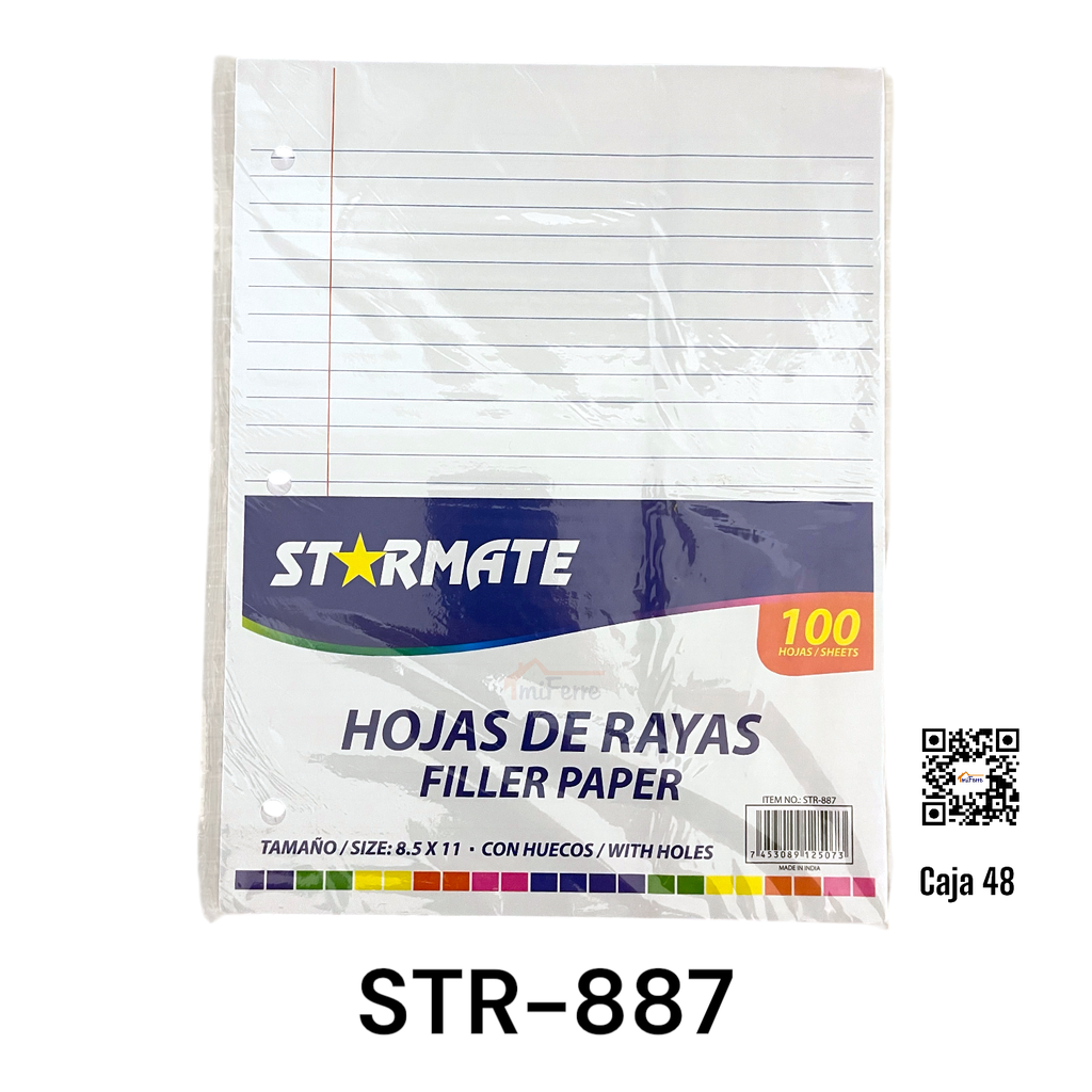 Hojas de Raya 8.5 X 11" (100hojas) STARMATE con Hueco