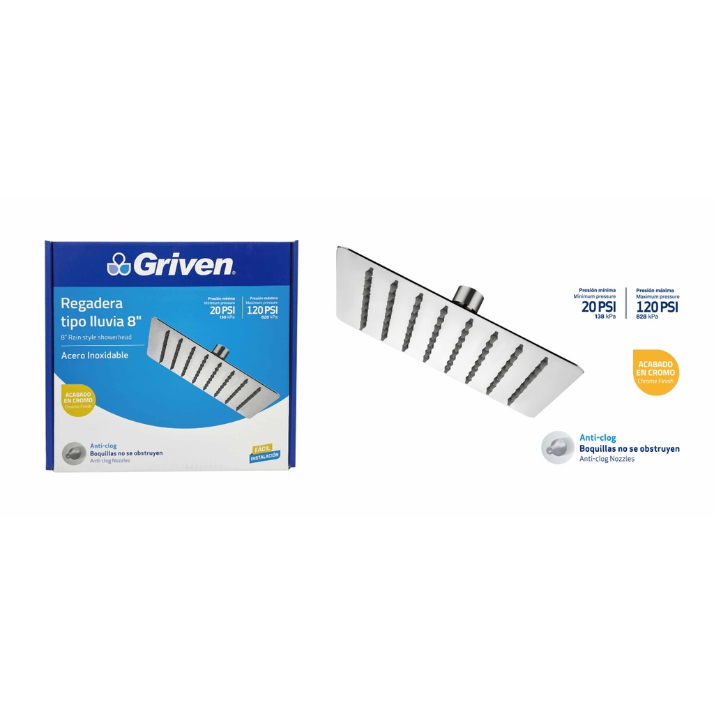 Regadera Tipo Lluvia 8" GRIVEN