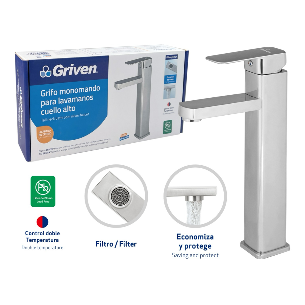 Grifo Monomando para Lavamanos Cuello Alto GRIVEN