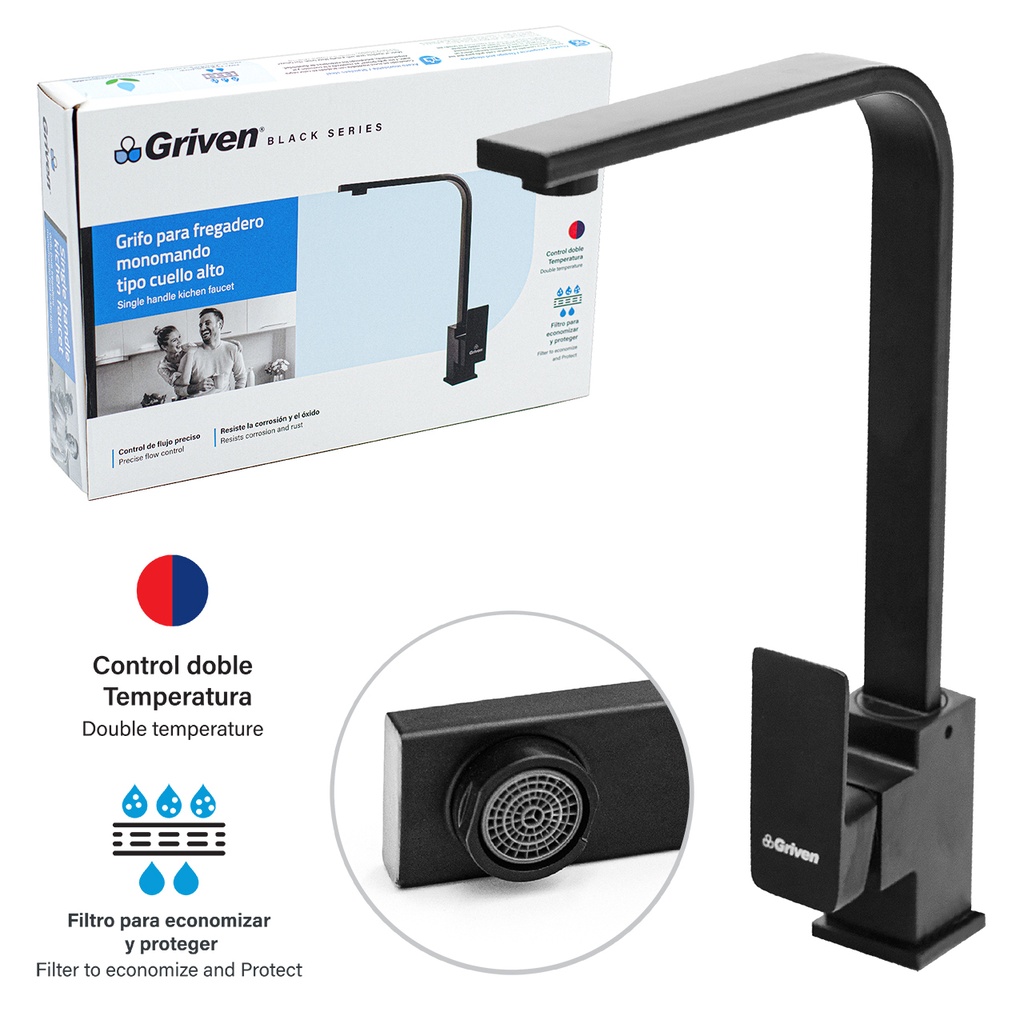 Grifo para Fregadero Monomando Tipo Cuello Alto GRIVEN Black Series