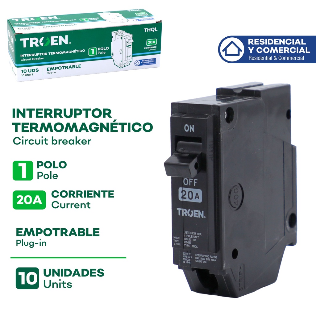 Breaker Sencillo 20A TROEN 10pza