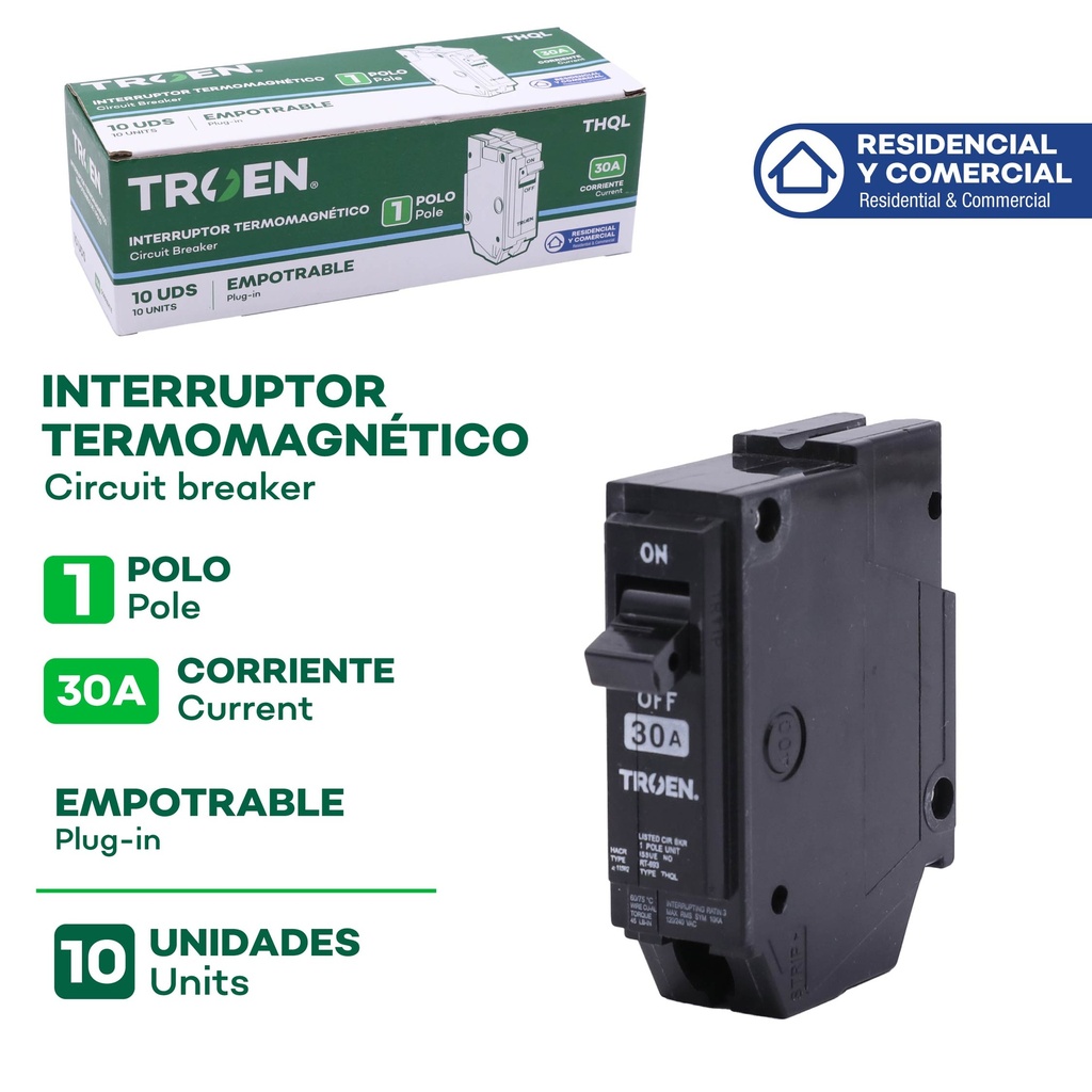 Breaker Sencillo 30A TROEN 10pza