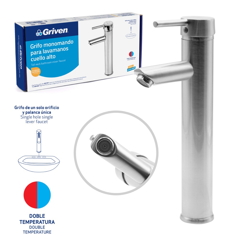 Grifo Monomando para Lavamanos Cuello Alto GRIVEN