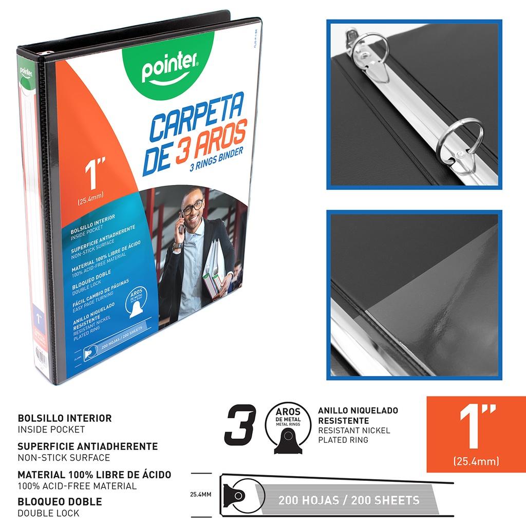 Carpeta de 3 Aros 1" Negro POINTER