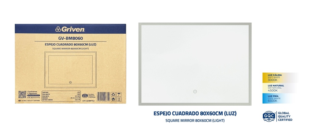 Espejo Rectangular con Luz 80 X 60cm GRIVEN