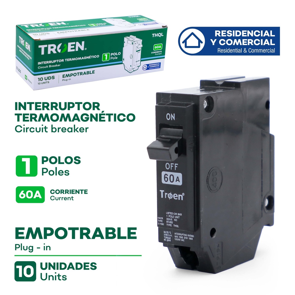 Breaker Sencillo 60A TROEN 10pza