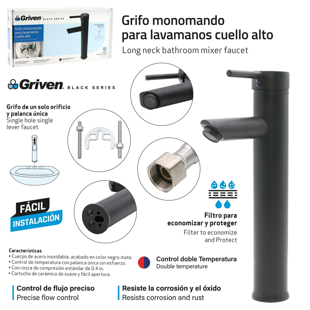 Grifo Monomando para Lavamanos Cuello Alto GRIVEN