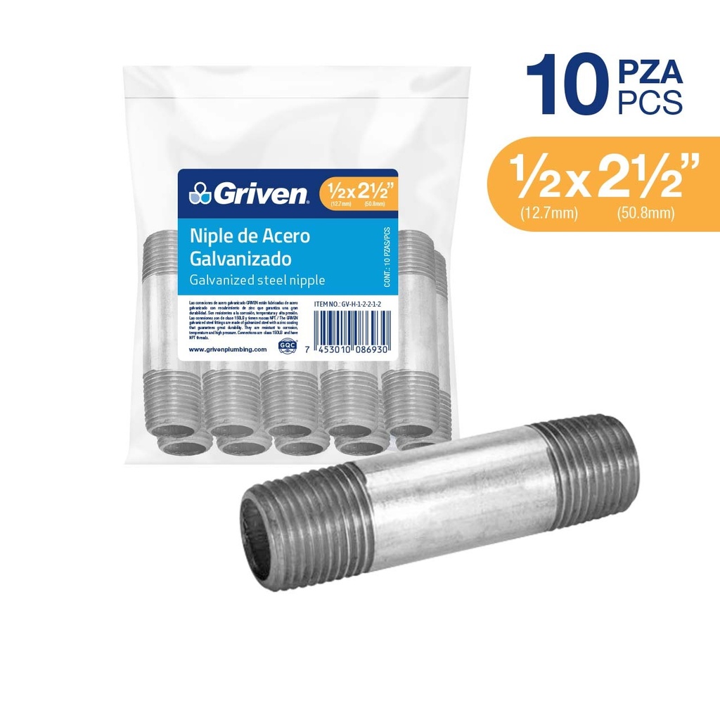 Niple Galvanizado 1/2 X 2-1/2" 10pza GRIVEN