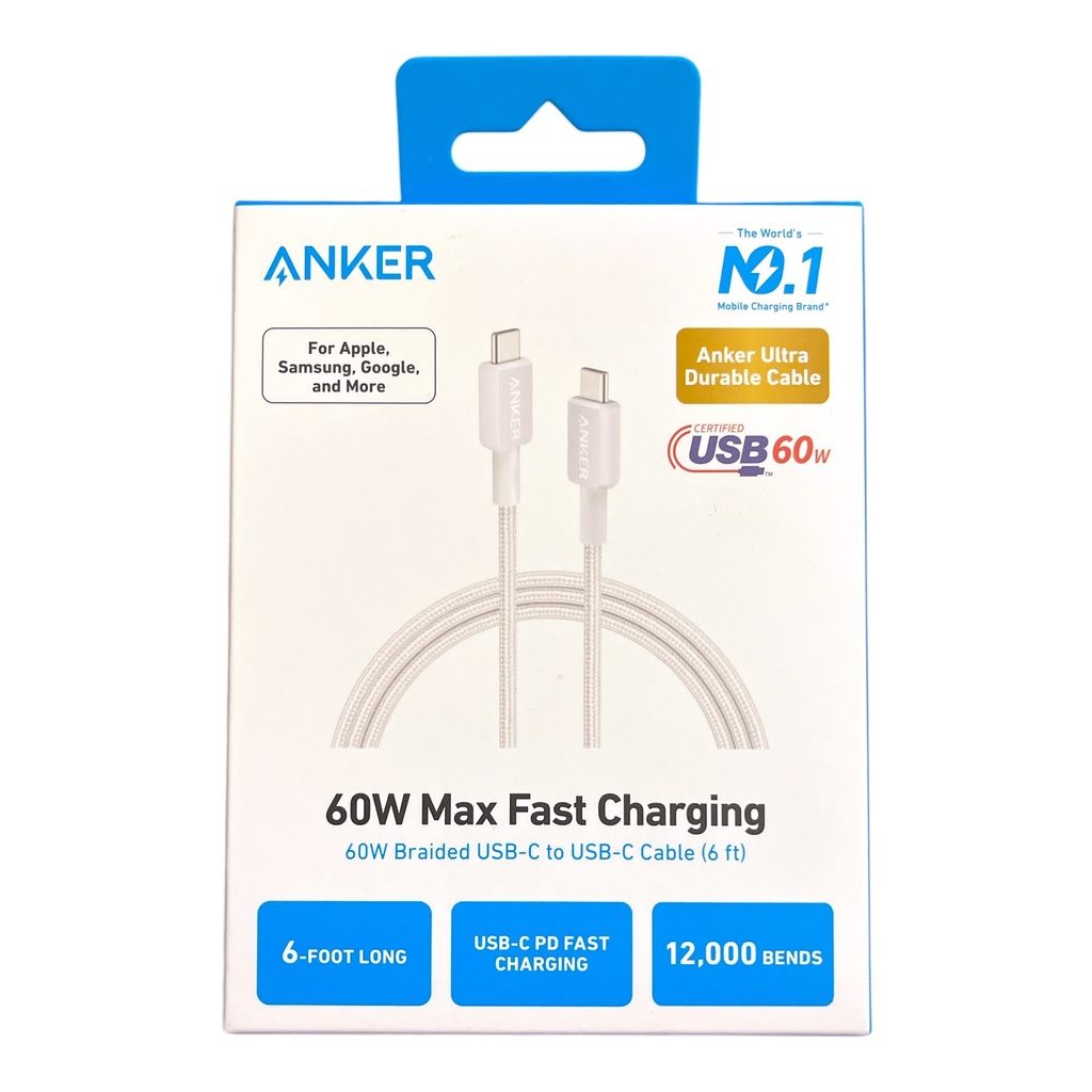 ANKER Cable USB-C 6ft 60W Max Fast Charging