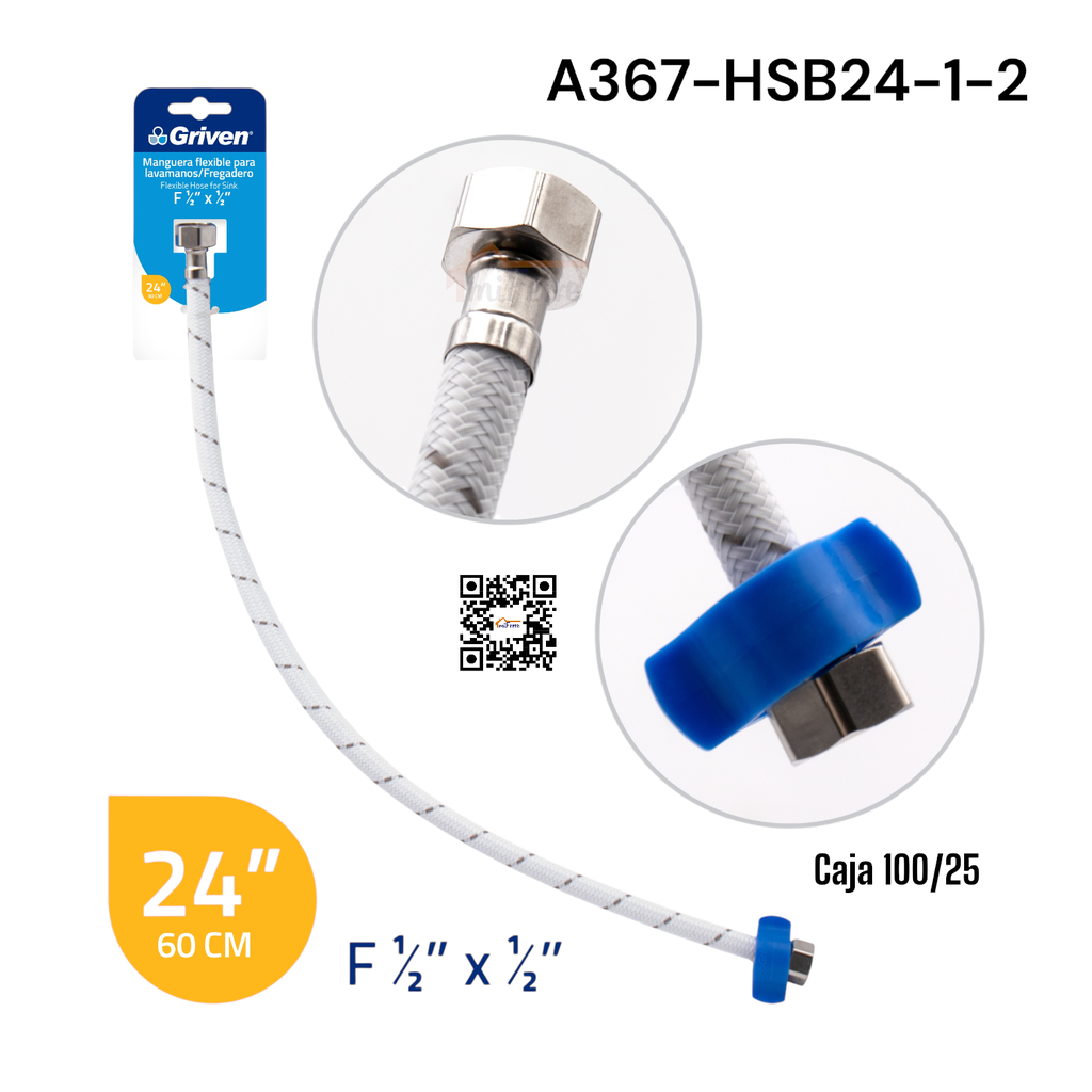 Manguera Flexible para Lavamano y Fregadero 1/2 X 1/2 X 24" GRIVEN