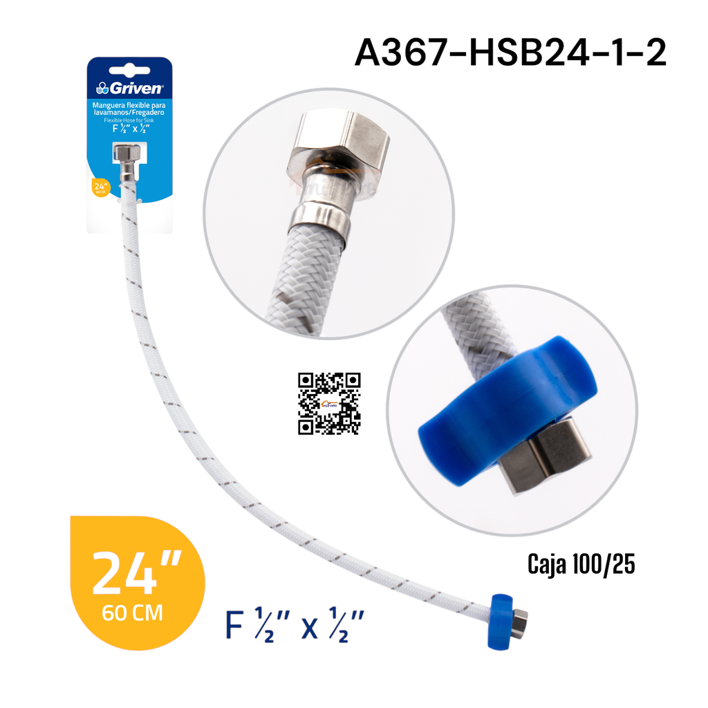 Tubo de Abasto para Lavamano y Fregadero 1/2 X 1/2 X 24" GRIVEN