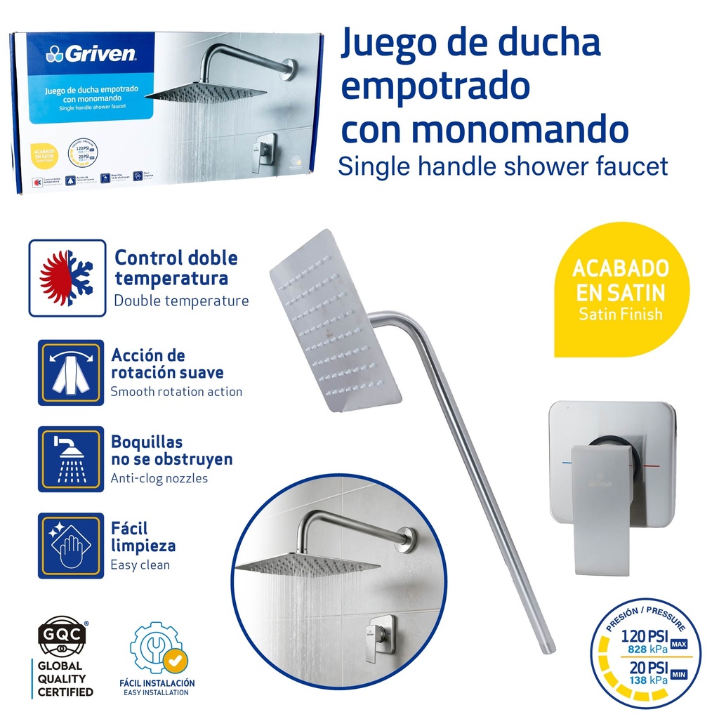 Set de Regadera Cuadrada 8" con Monomando GRIVEN
