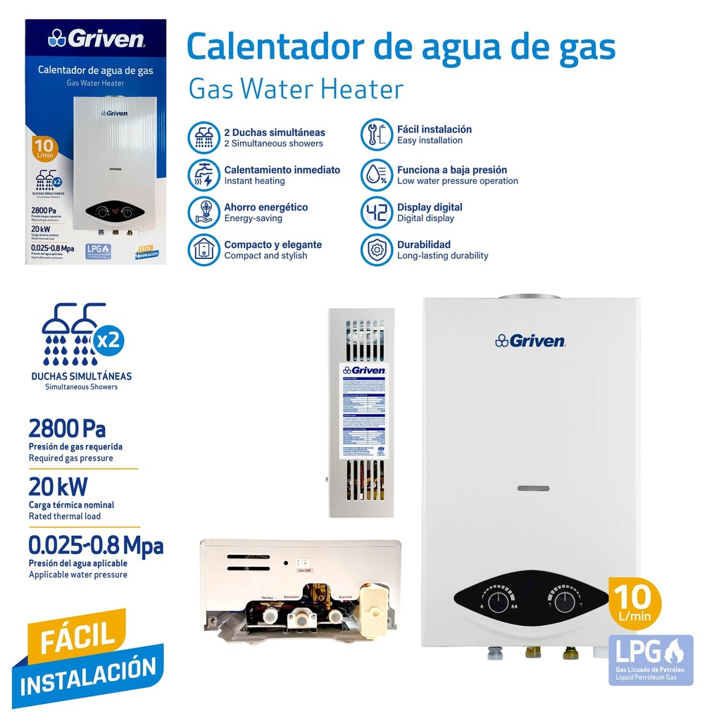 Calentador de Agua de Gas 10L 20Kw 2800Pa GRIVEN