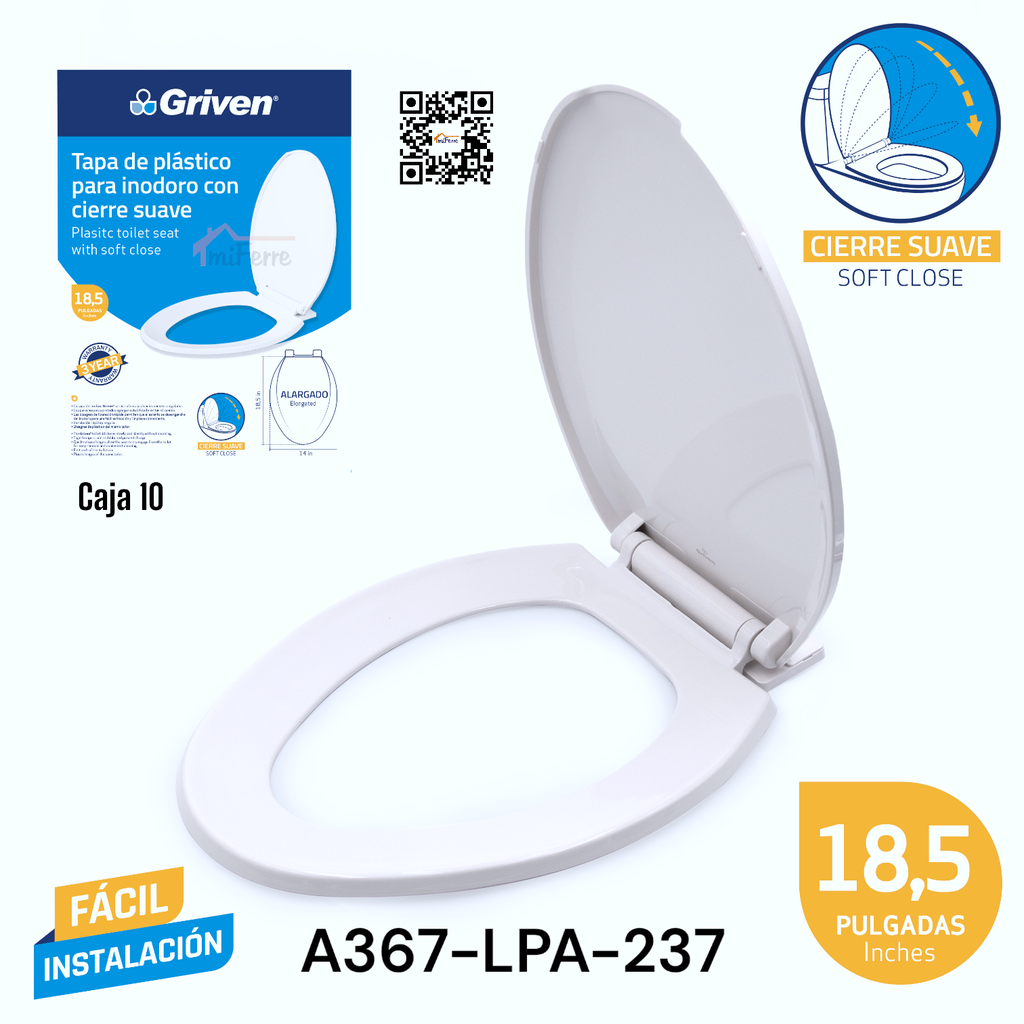 Tapa de Plastico para Inodoro con Cierre Suave 18.5" Blanco GRIVEN