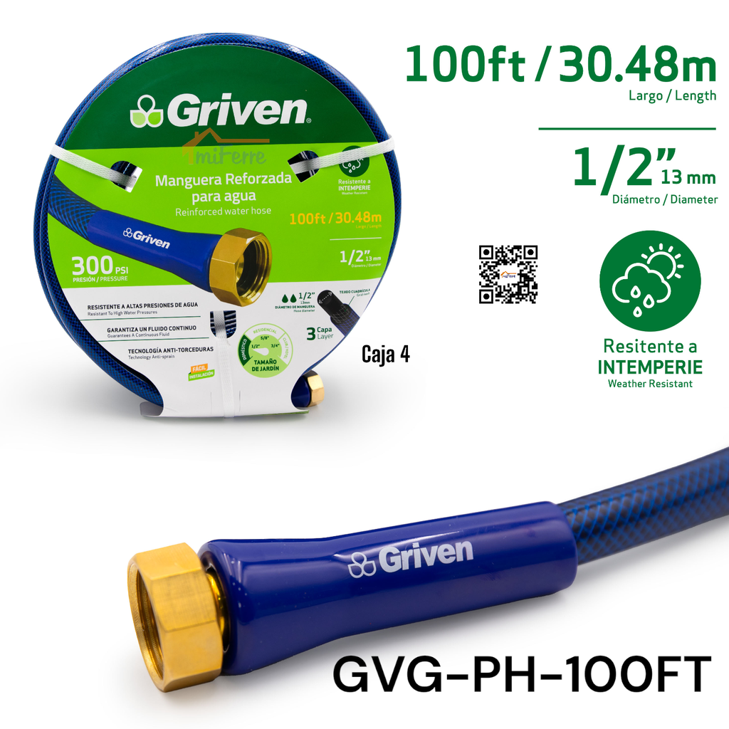 Manguera Reforzada para Agua 1/2" X 100ft GRIVEN