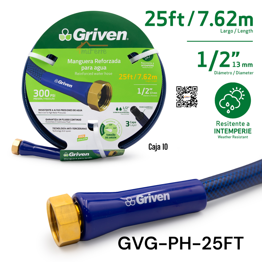 Manguera Reforzada para Agua 1/2" X 25ft GRIVEN