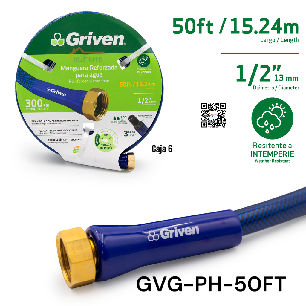 Manguera Reforzada para Agua 1/2" X 50ft GRIVEN