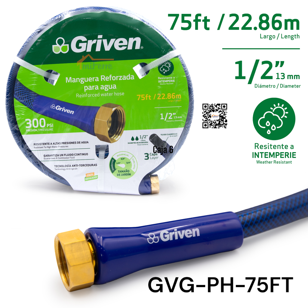 Manguera Reforzada para Agua 1/2" X 75ft GRIVEN