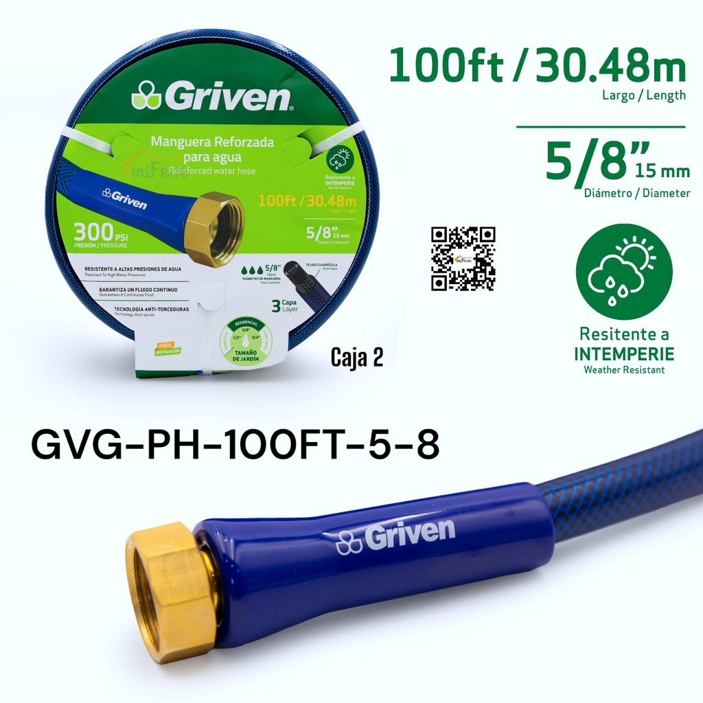 Manguera Reforzada para Agua 5/8" X 100ft GRIVEN