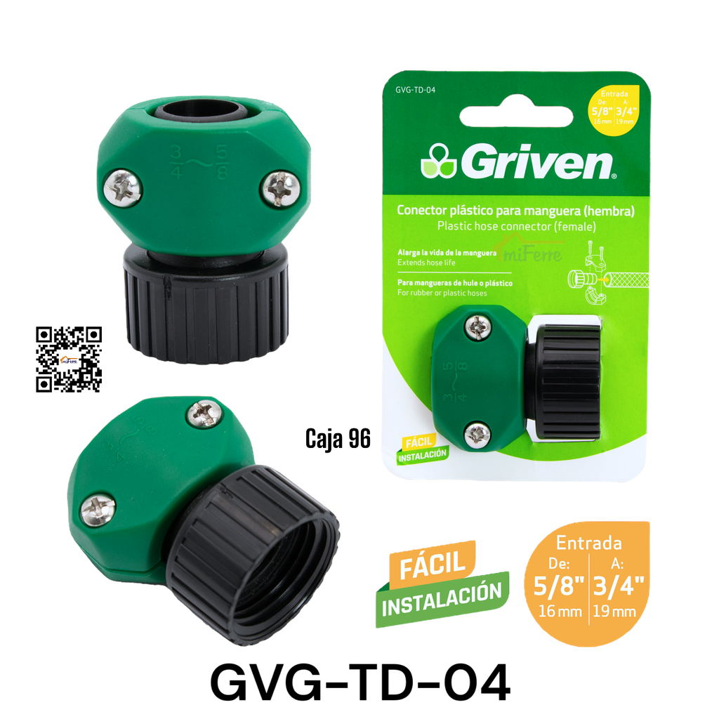 Conector Plastico para Manguera 5/8 - 3/4" Hembra GRIVEN