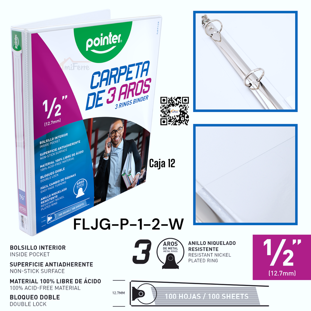 Carpeta de 3 Aros 1/2" Blanco POINTER