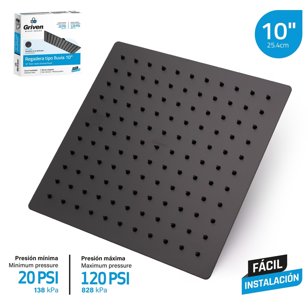 Regadera Tipo Lluvia 10" GRIVEN Black Series