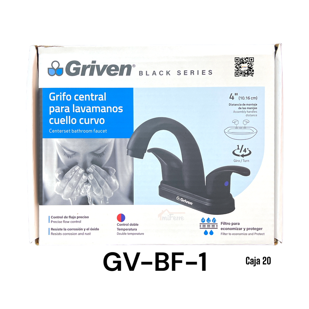 Grifo Central para Lavamanos Cuello Curvo GRIVEN Black Series