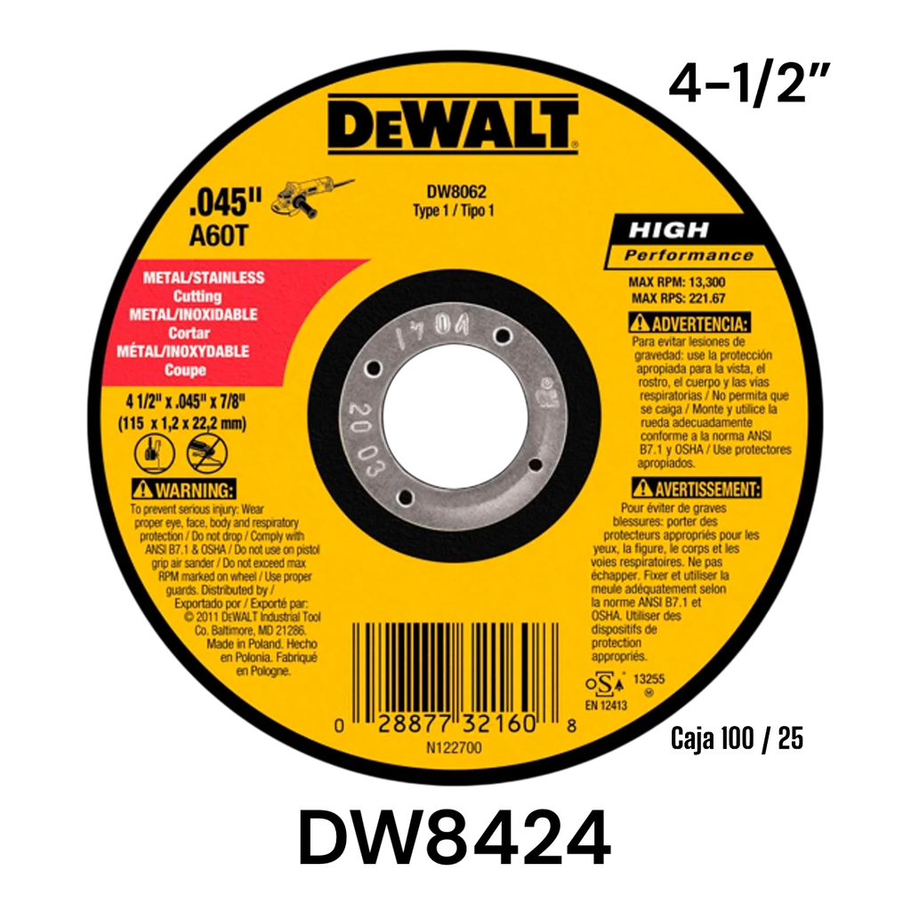 Disco de Corte Metal 4-1/2 X 0.045 x 7/8" DEWALT