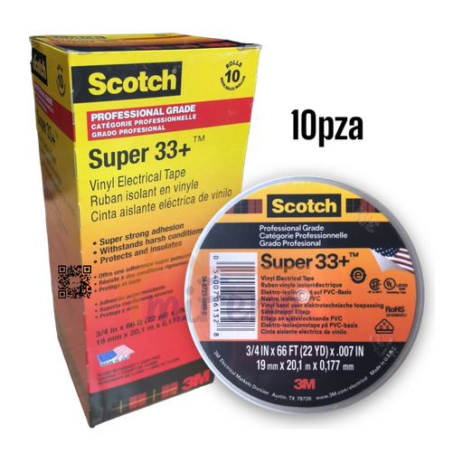 Tape Electrico 3/4" X 66' 3M SCOTCH Super 33+ 10pza