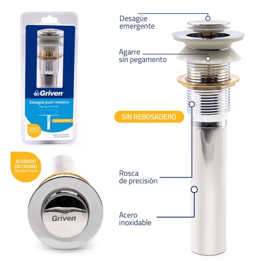 [A367-PL221A-W] PO Plug Push Metalico sin Rebosadero GRIVEN