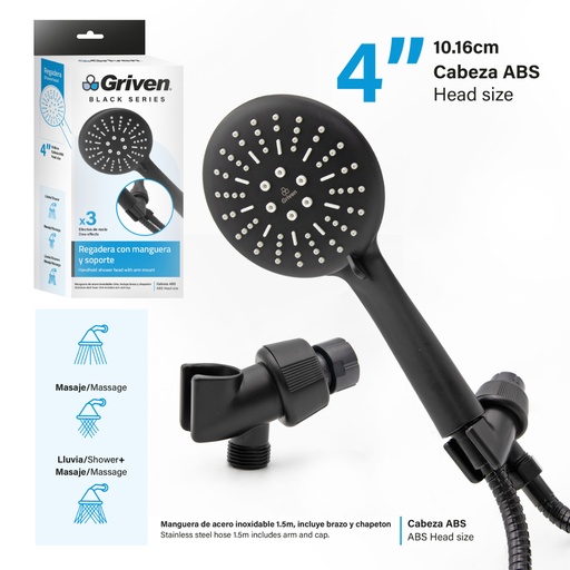 [GV-SHB-6] Regadera con Manguera y Soporte 4" GRIVEN Black Series