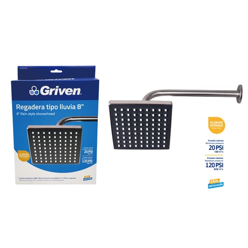 [GV-SHS-A8] Regadera Tipo Lluvia 8" GRIVEN