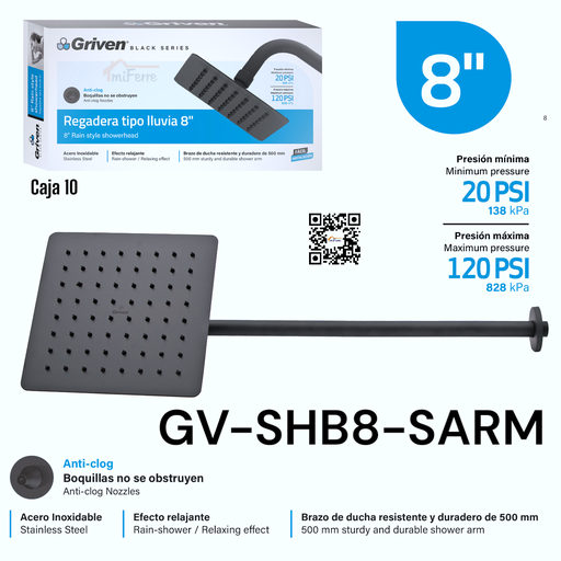 [GV-SHB8-SARM] Regadera Tipo Lluvia 8" GRIVEN Black Series
