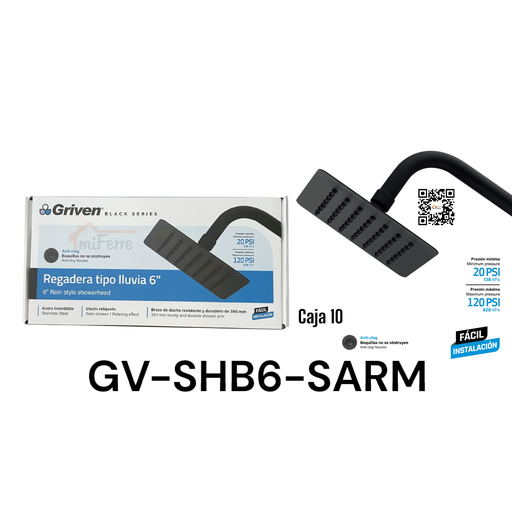 [GV-SHB6-SARM] Regadera Tipo Lluvia 6" GRIVEN Black Series