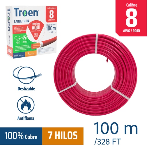 [AWG08-RED] Cable Electrico #8 X 100m Rojo TROEN
