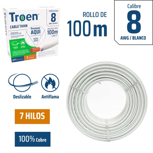 [AWG08-WHI] Cable Electrico #8 X 100m Blanco TROEN