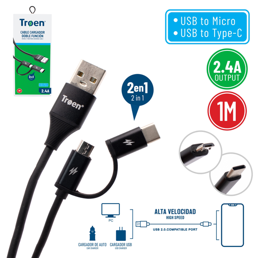 [TR-UMC-A] Cable Cargador Doble Funcion 2en1 USB Micro y Tipo C TROEN