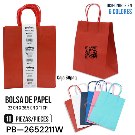 Bolsa de Papel 22 X 26.5 X 11cm 10pza CORONA