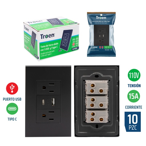 [A136-ETB-6C1TC] Tomacorriente Doble con USB y Tipo C TROEN