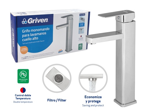[GV-TMCF-SQ] Grifo Monomando para Lavamanos Cuello Alto GRIVEN