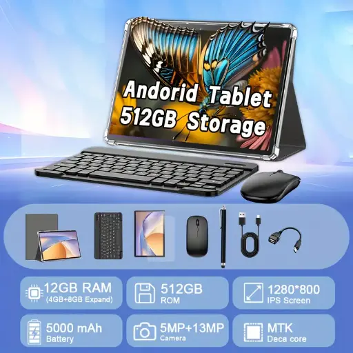 Tableta CRELANDER 10.1" 4G LTE, 12GB RAM, 512GB ROM, 2.4G/5G WiFi, Dual Camera, Keyboard & Mouse, Stylus, 1TB Expandable Storage, 5MP+13MP Camera, Battery, Tablet, Pad