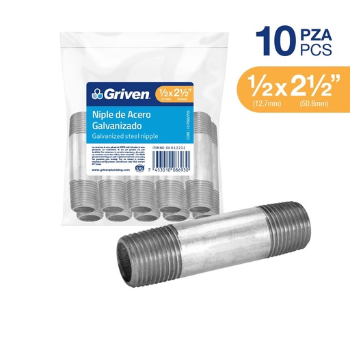 [GV-H-1-2-2-1-2] Niple Galvanizado 1/2 X 2-1/2" 10pza GRIVEN