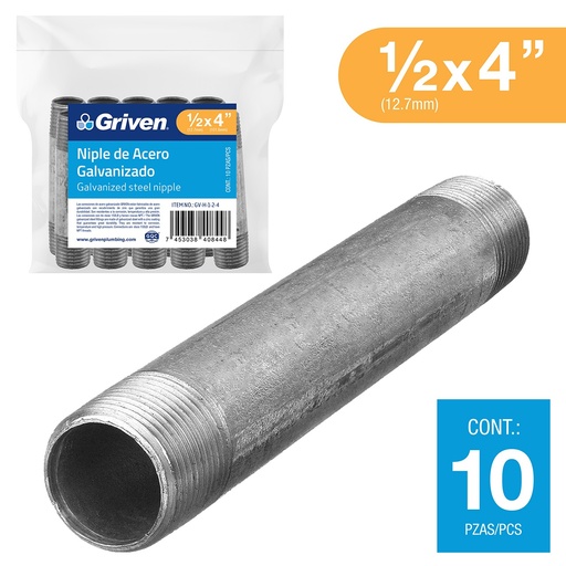 [GV-H-1-2-4] Niple Galvanizado 1/2 X 4" 10pza GRIVEN