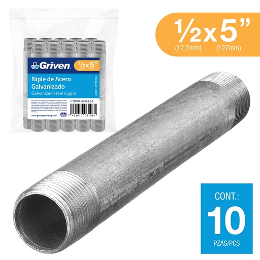 [GV-H-1-2-5] Niple Galvanizado 1/2 X 5" 10pza GRIVEN