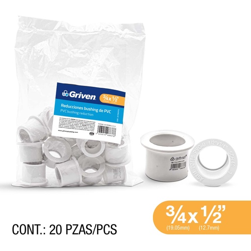 [GV-PVCRB-1-2-3-4] Reduccion PVC 3/4 X 1/2" GRIVEN 20pza